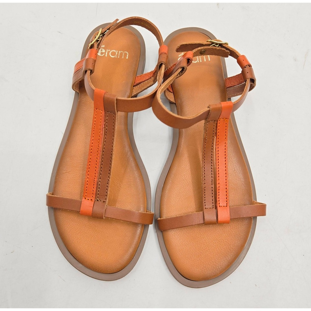 Eram Sandals women's 38 Brown Orange Leather T-Strap Made in Italy Buckle